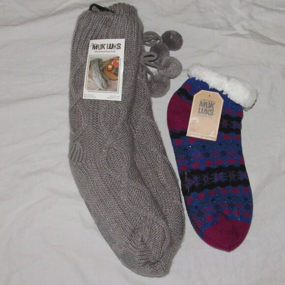 NEW Lot of 2 MUK LUKS Cabin Slipper Socks Non Slip Women's sz L/XL 8.5-11 - Picture 1 of 3